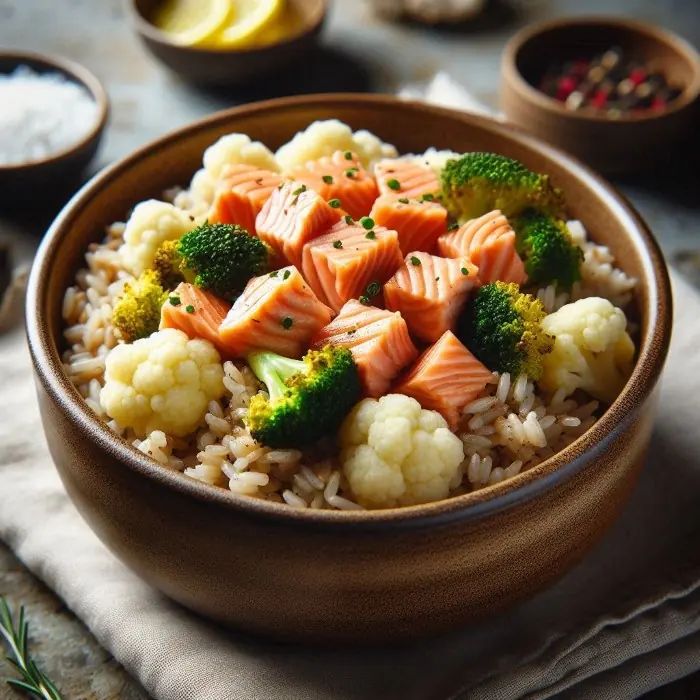 Receta de Arroz con Salmón y coliflor para perros) Receta de Arroz con Salmón y coliflor para perros